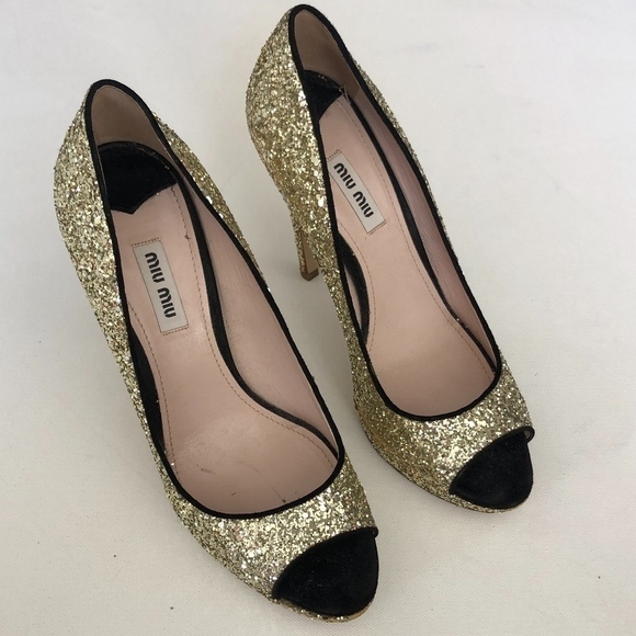 Miu Miu Gold Glitter Black Trim Peep Pumps Heels 9
